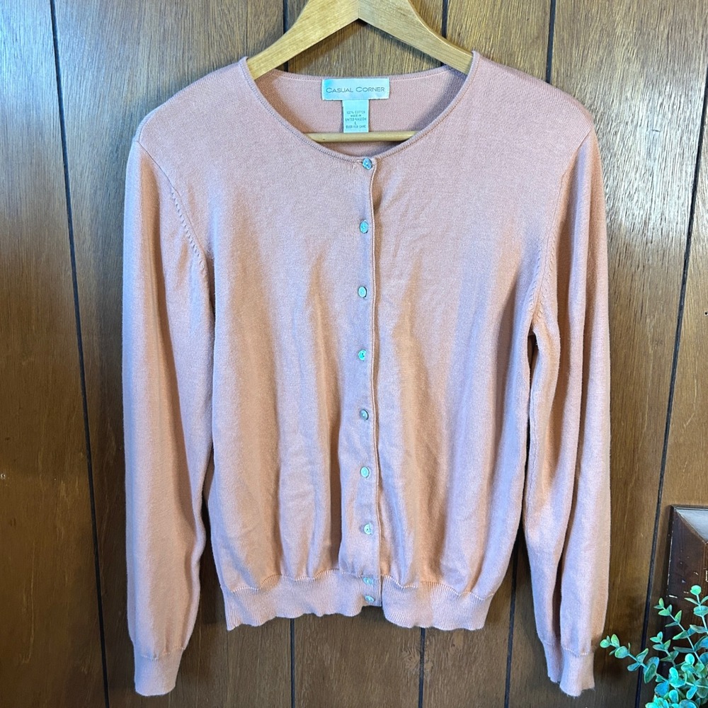 Vintage Casual Corner Cardigan Womens Large Peach Cotton Knit Button‎ Up